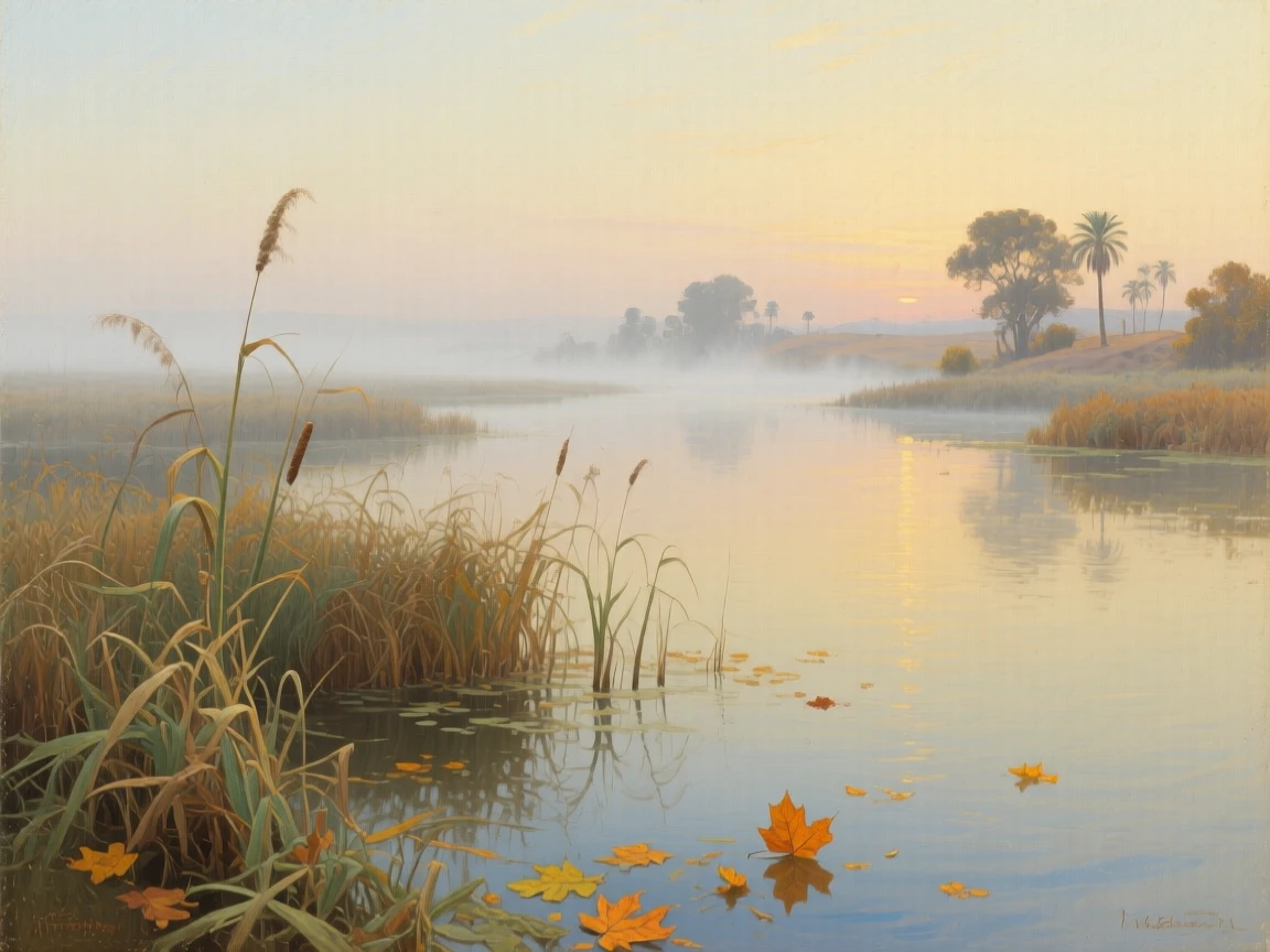 An expansive vista of a peaceful marsh at dawn, mist rising from still water, along the Nile in Egypt, as autumn leaves turn gold, in thick fog.