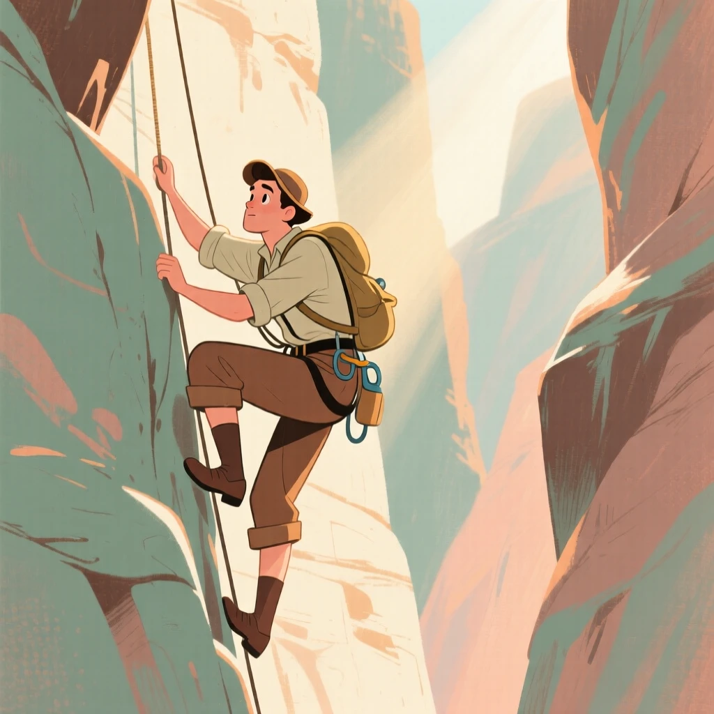 An explorer climbing through a narrow canyon lit by shafts of sunlight