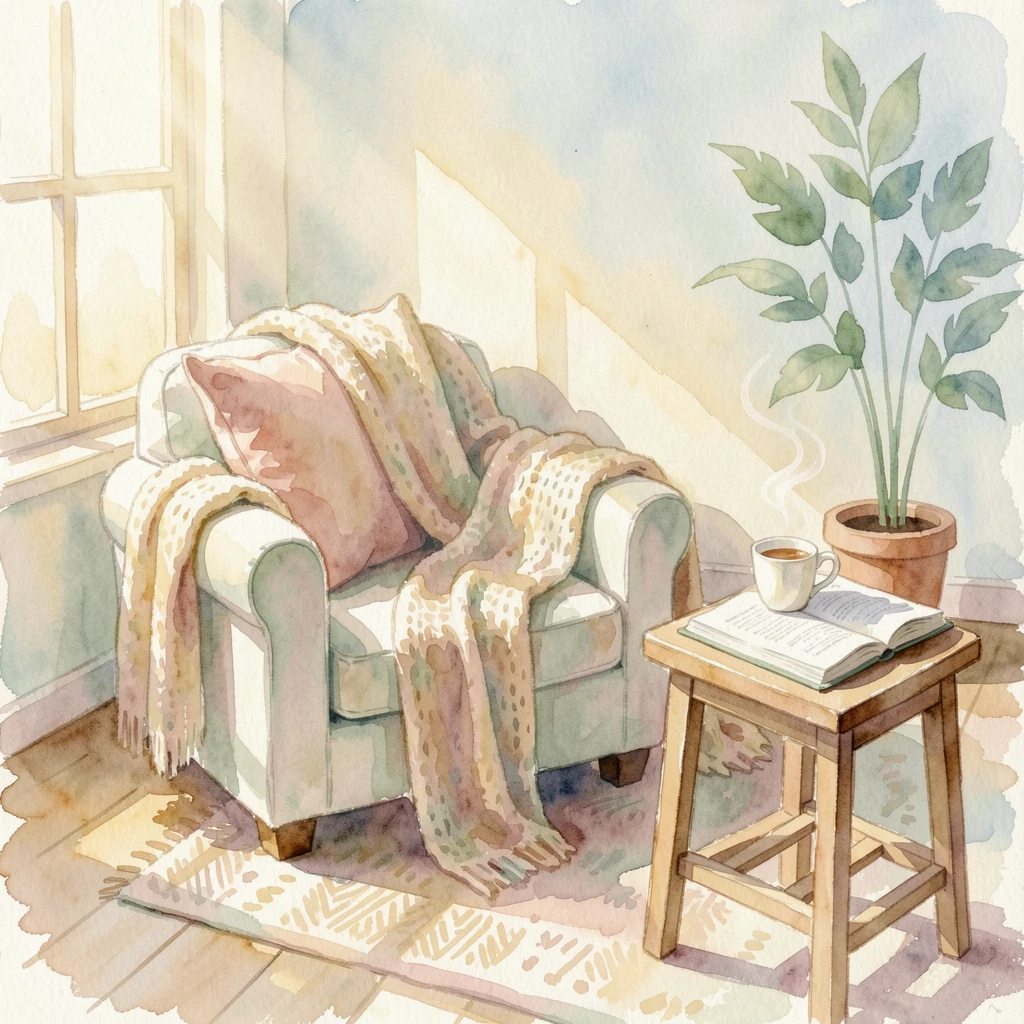 A quiet reading corner with soft cushions and morning light with a serene and unhurried atmosphere.