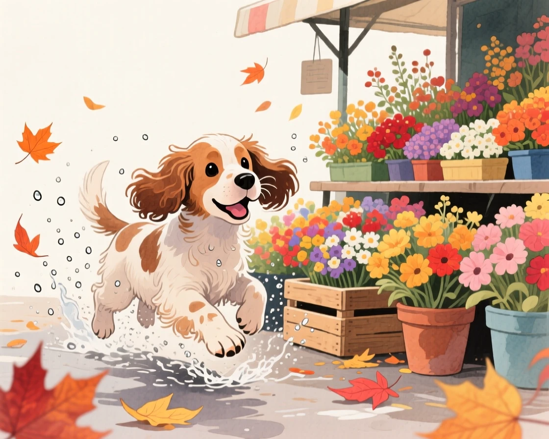 A cocker spaniel puppy splashes playfully in a market stall of flowers, as autumn leaves swirl around