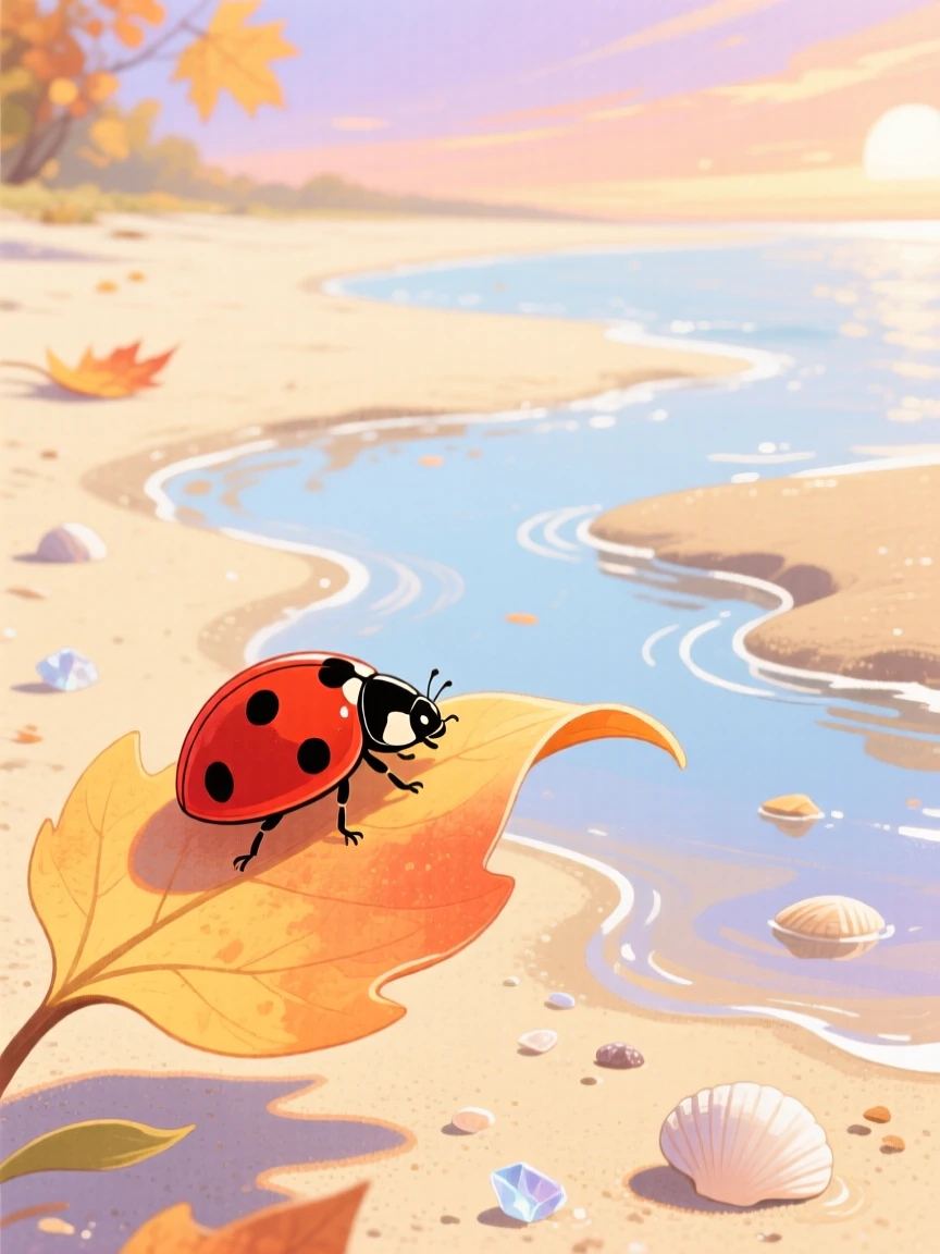 A ladybug resting on a petal exploring a sandy beach at low tide on a crisp autumn afternoon.