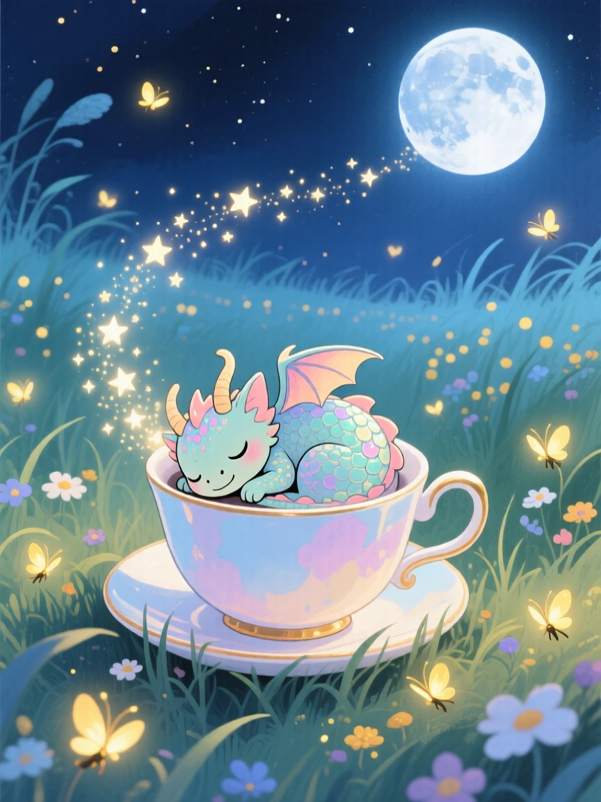 A tiny dragon curled asleep in a teacup leaving a trail of sparkling stardust as it moves, in a moonlit meadow dotted with fireflies, sparking pure childlike delight.