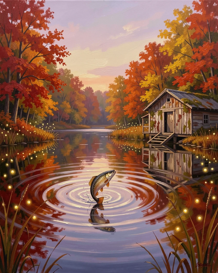 A glassy lake ringed by autumn-colored trees, beside an old wooden boathouse, ripples spreading outward from a leaping fish, on a calm summer evening, fireflies rising from the banks.