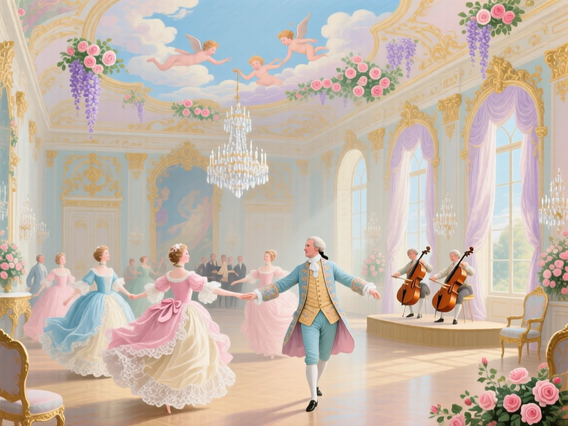 A royal ballroom with dancers circling beneath a painted ceiling  