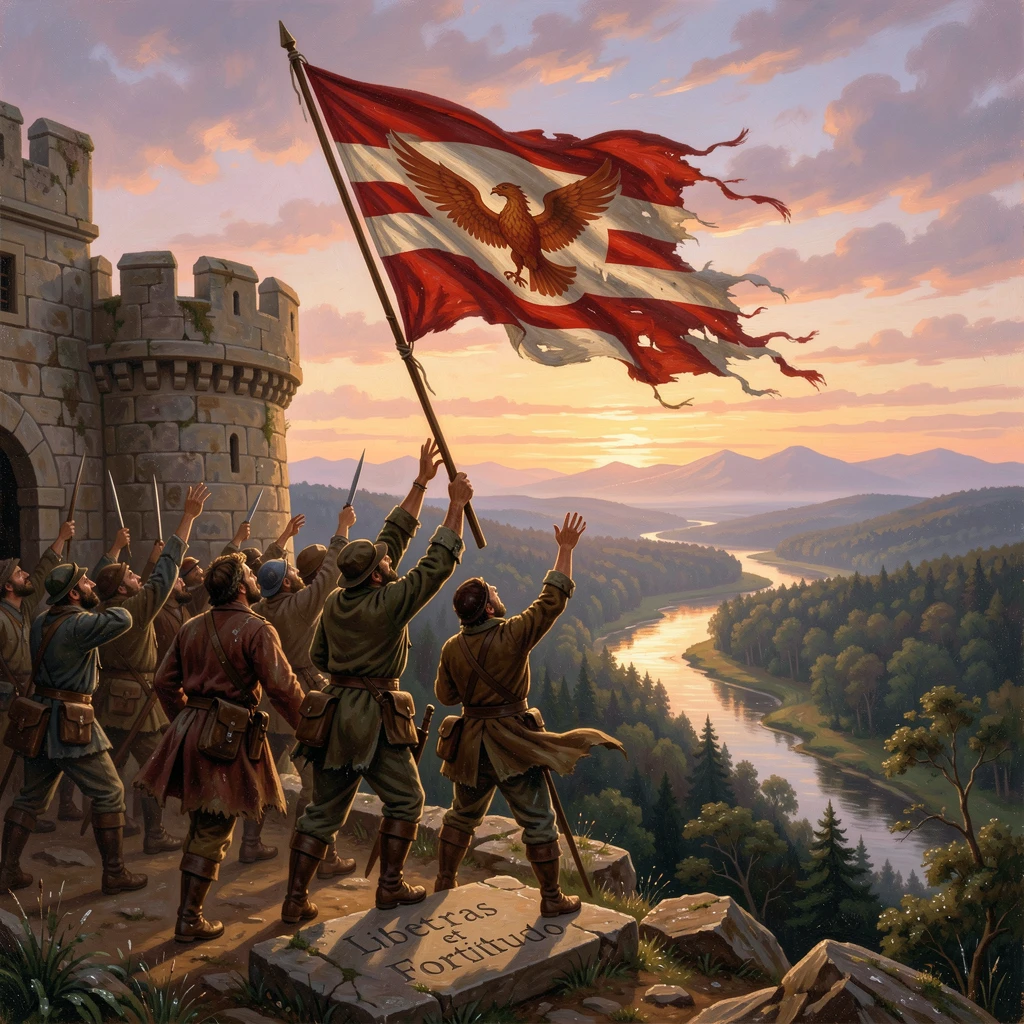 Revolutionaries raise a flag over a captured fortress at daybreak.