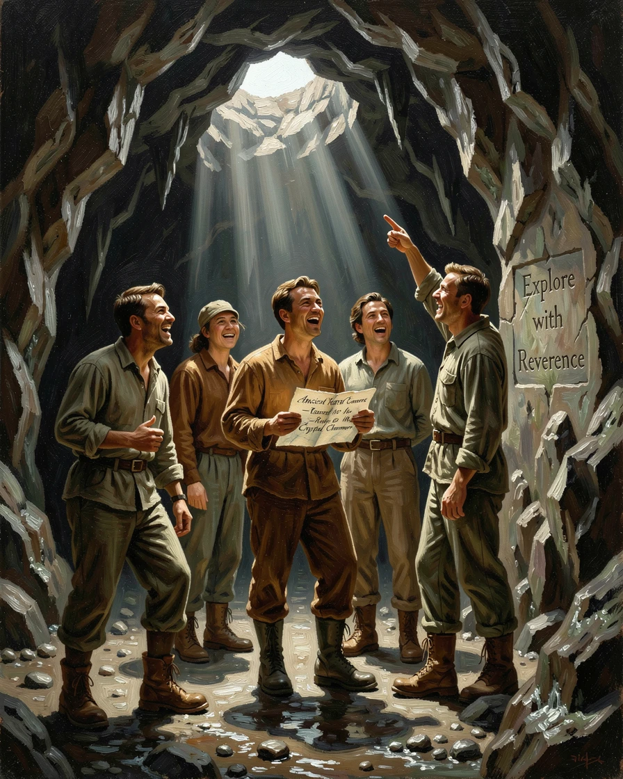 A traveler exploring an ancient cave system lit by shafts of natural light, with genuine joy and awe visible on every face, radiating the thrill of seeing the world's most incredible places