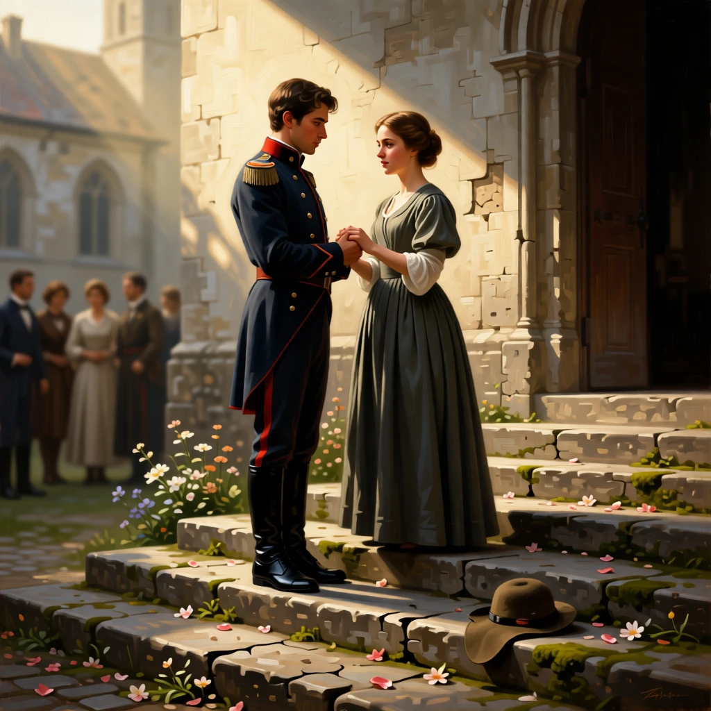 A young soldier saying farewell to his sweetheart before departing for war at the moment hope and fear collide, set on the worn steps of a village church, with scattered flowers and a fallen hat marking the moment; diagonal light spills across the reunited figures, isolating them from the crowd, radiating hope restored after long hardship.