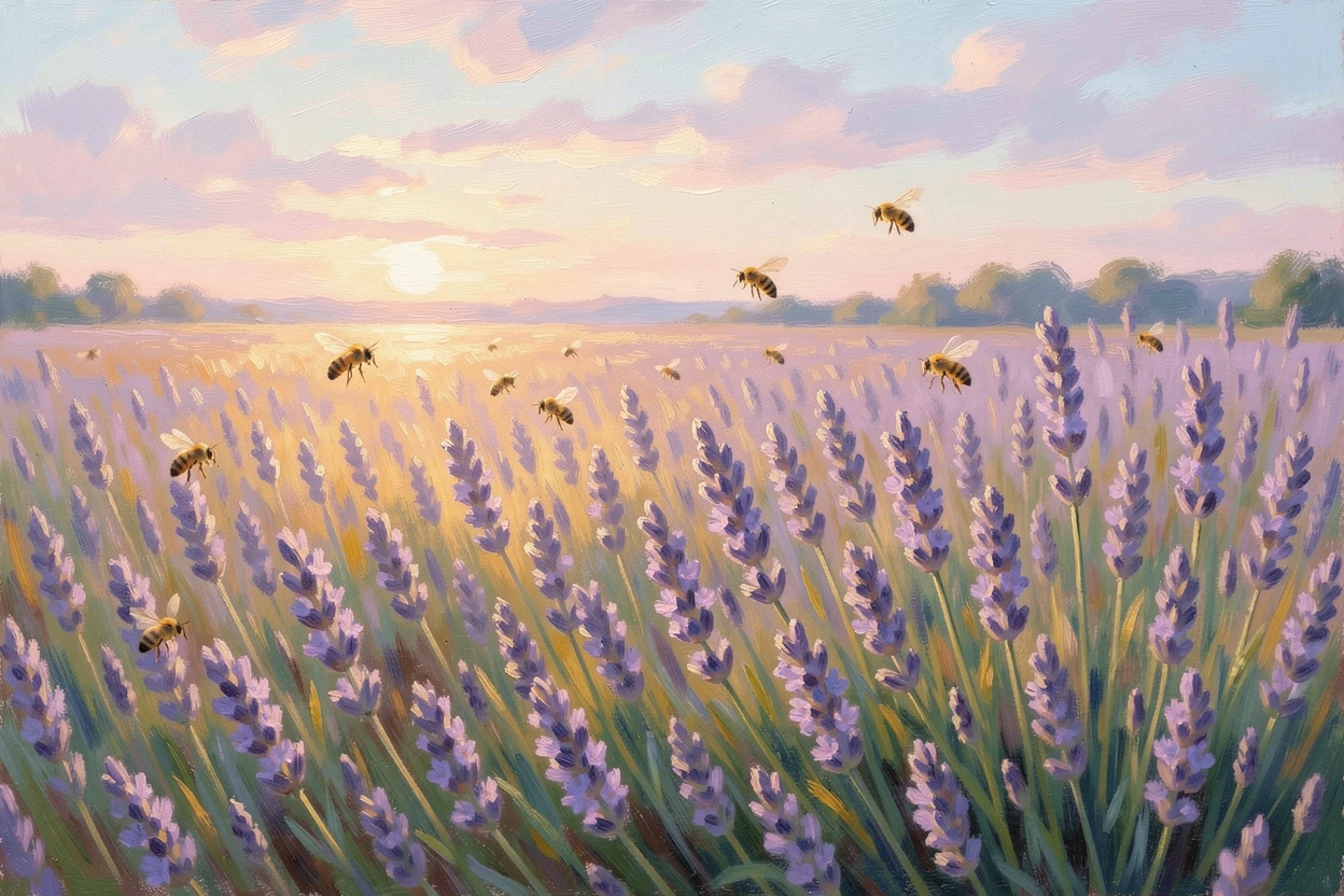 A meadow of wild lavender buzzing with bees beneath a warm golden afternoon sun, as the first light of dawn breaks.