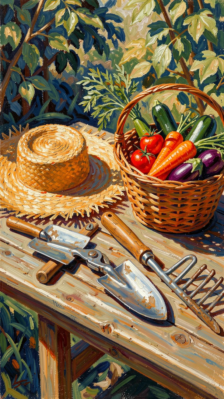 A still life of garden tools, a straw hat, and a basket of freshly picked vegetables.