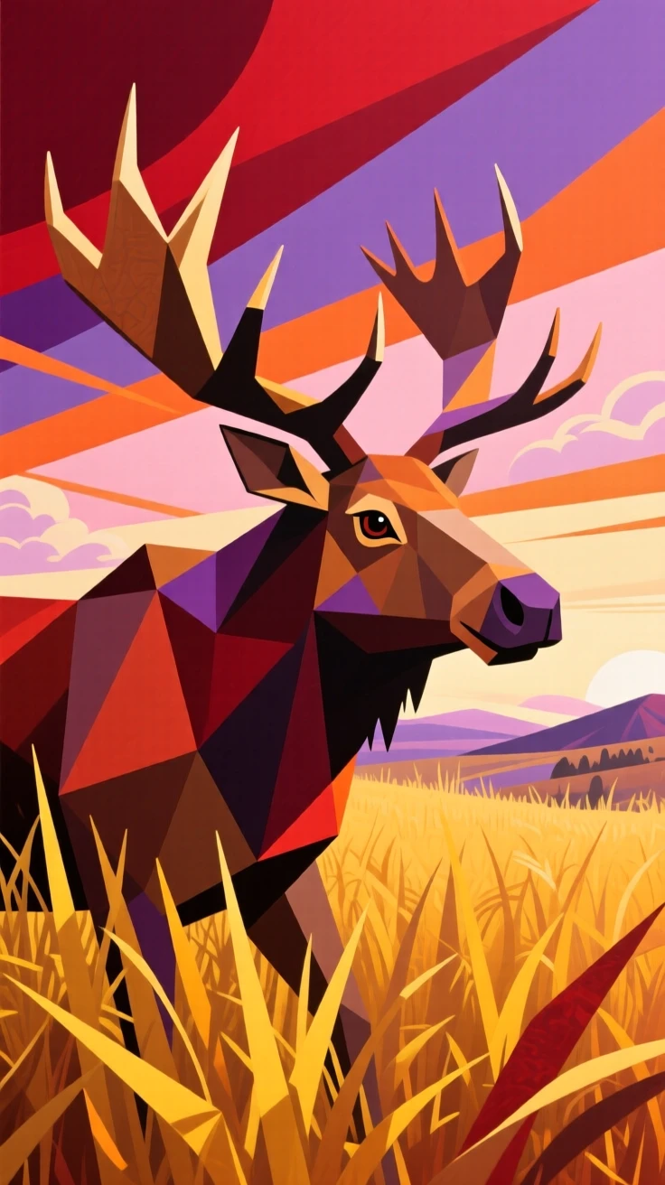 A striking view of a moose emerging from tall golden grass at dawn beneath a dramatic sky.