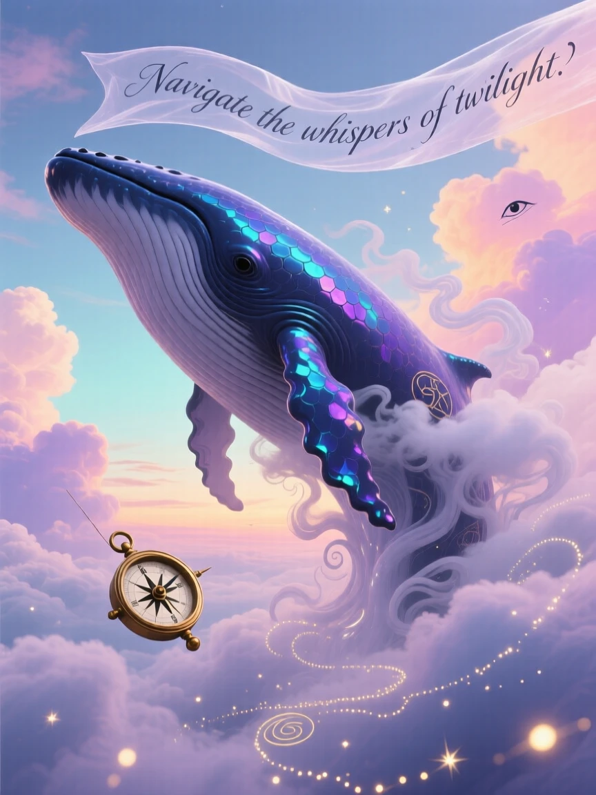 A whale breaching gracefully through a sky full of soft clouds drifts silently beneath a sky painted in soft twilight colors, while tiny lights trail gently in its wake.
