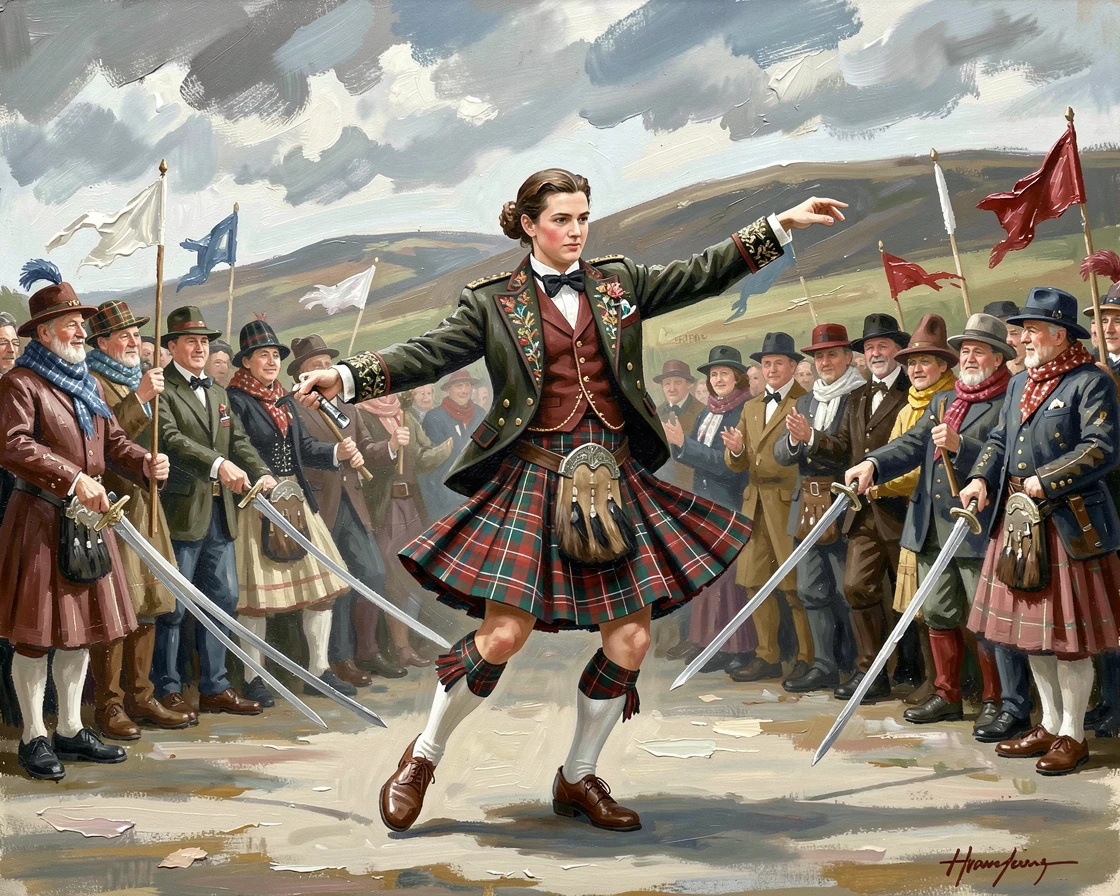 A traditional Scottish Highland dancer performs the sword dance with precise footwork beneath a cloudy hillside sky, the surrounding crowd adding energy and movement to the edges of the composition.