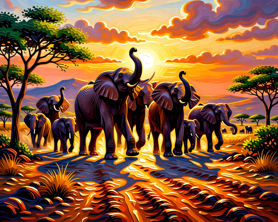 A herd of elephants crossing a dusty savanna trail at sunset, trunks raised