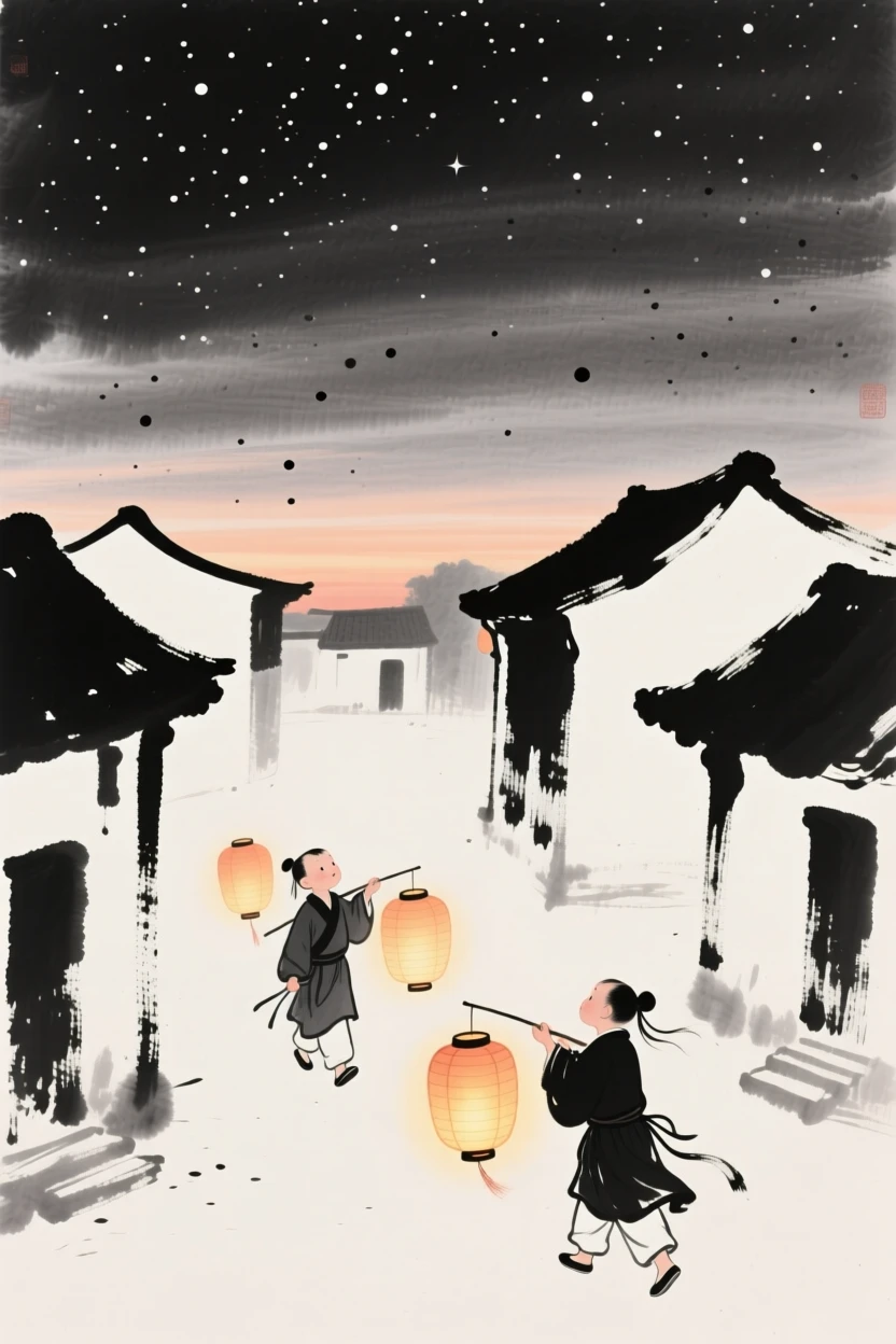 Children carry glowing paper lanterns through a village at dusk, beneath a sky remarkably clear and full of stars.