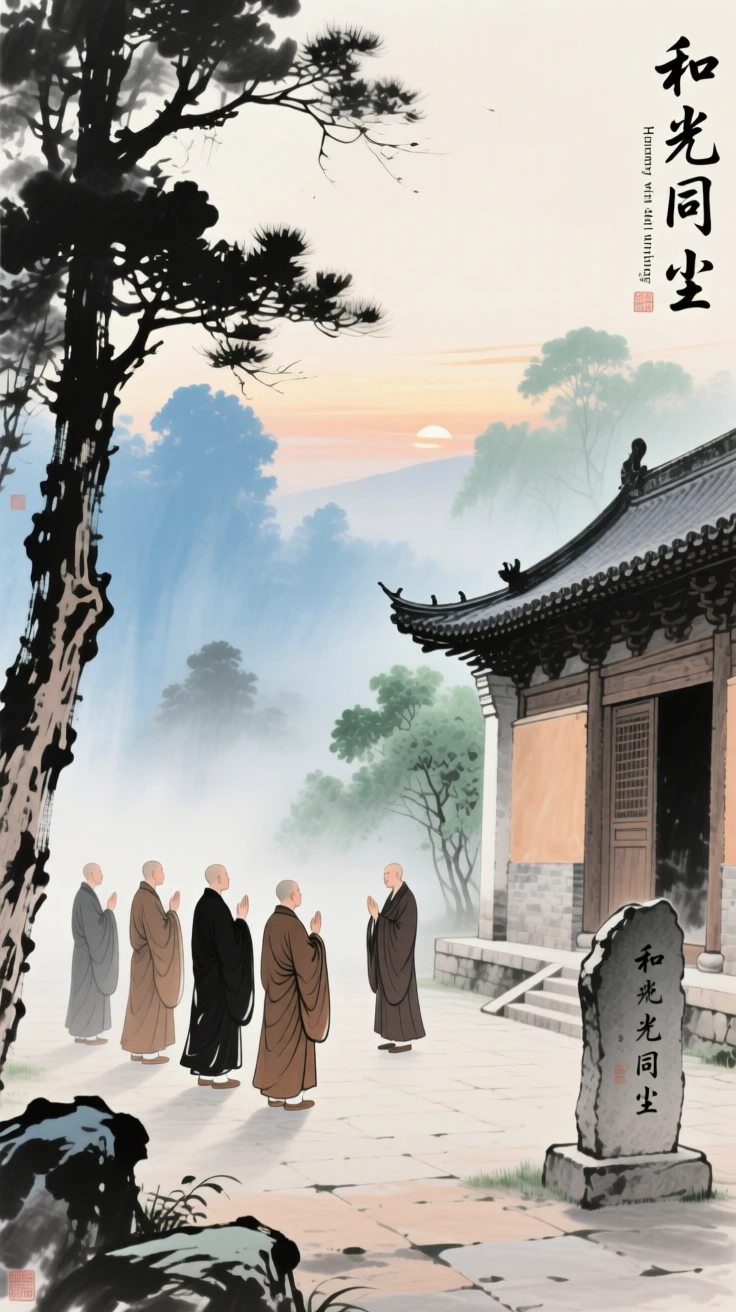 A group of monks chanting at dawn in a mist covered monastery courtyard, conveying a deep sense of harmony with nature.