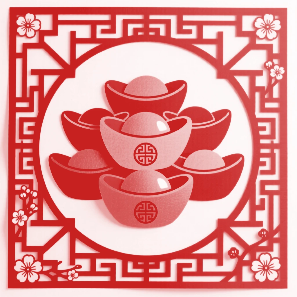 A cluster of gold ingots, framed by a symmetrical lattice of key-fret patterns, symbolizing wealth and enduring good fortune.