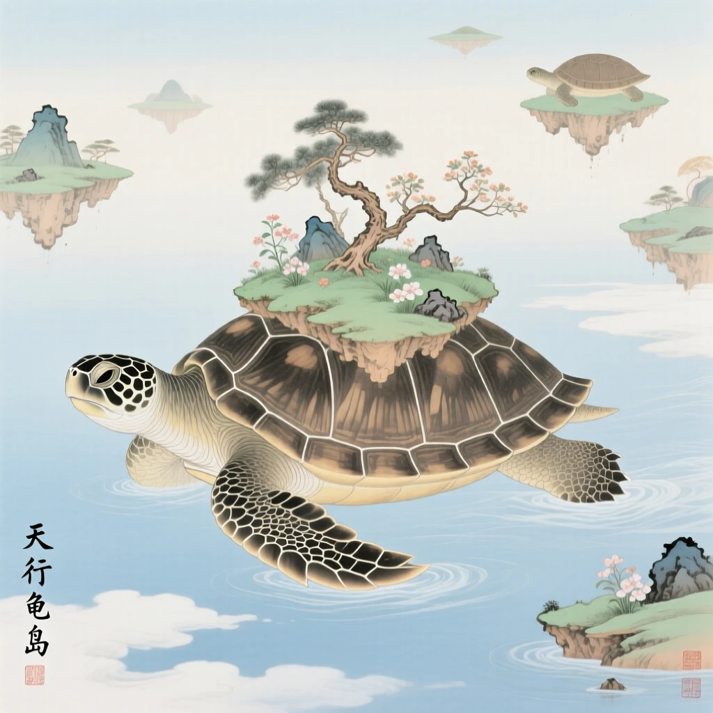A giant turtle carrying a small floating island on its back around a floating island in the sky