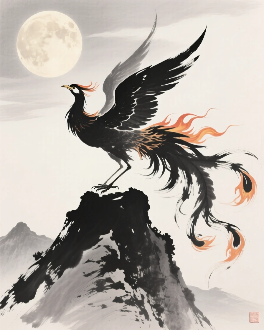 A phoenix rising above a mountain peak beneath the glow of a full harvest moon, composed with sweeping, dynamic movement across the frame, suggesting ancient legend brought gently to life.