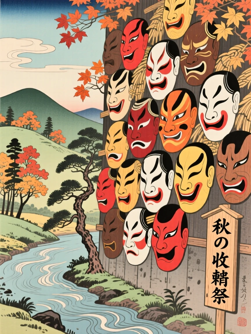 A wall of hand-carved wooden masks piled high for the autumn harvest.