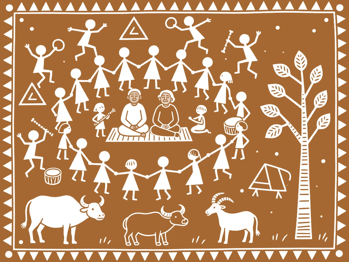 A composition centered on a grand family gathering surrounded by dancing figures and grazing animals.