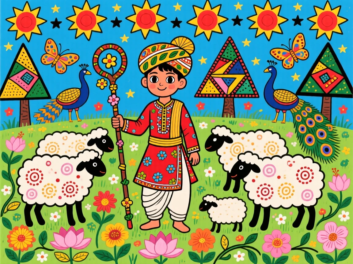 A young shepherd guiding his first flock across a spring meadow.