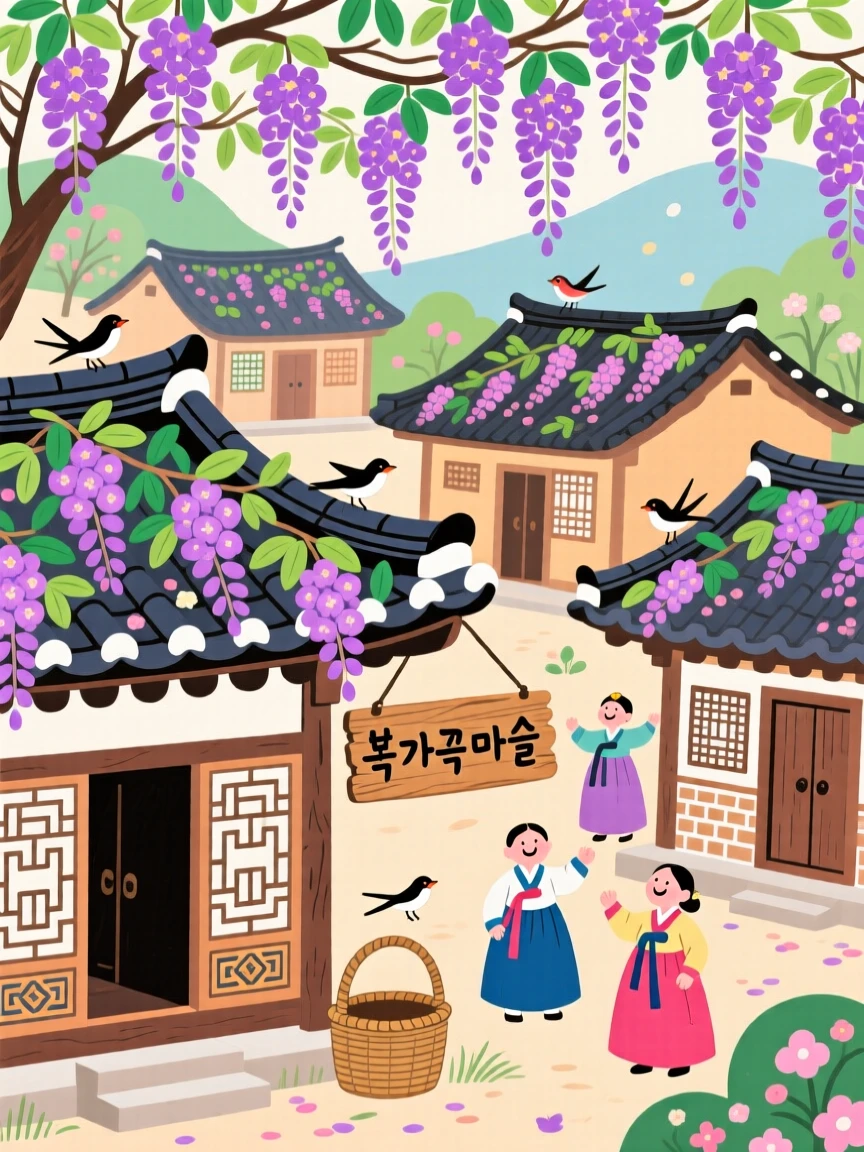 A dreamlike village where every rooftop is covered in blooming wisteria.