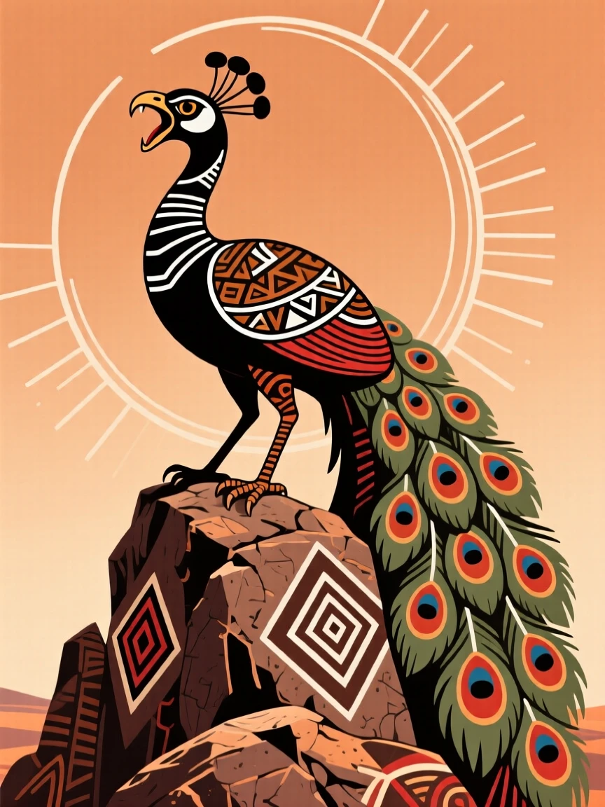 A peacock roaring atop a rocky outcrop.