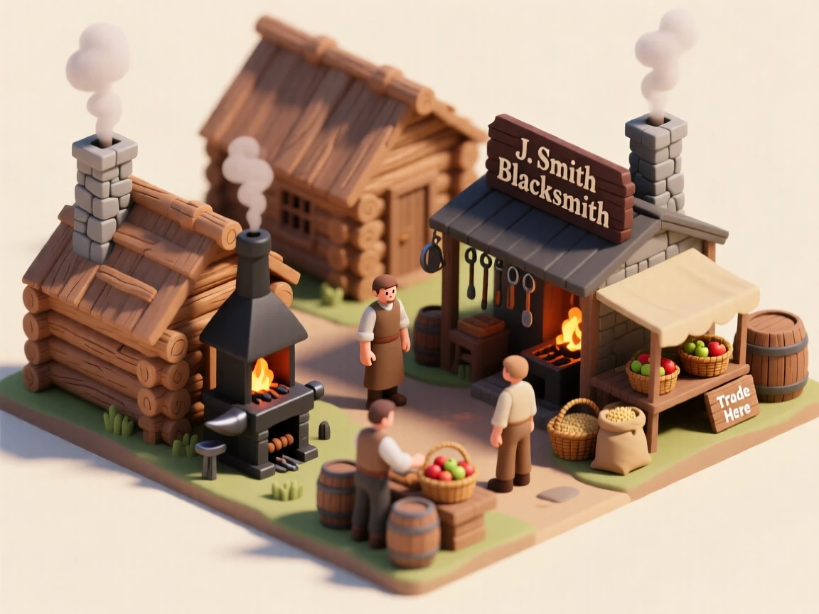 A colonial American frontier settlement with log cabins, a blacksmith shop, and settlers trading goods at a small market.