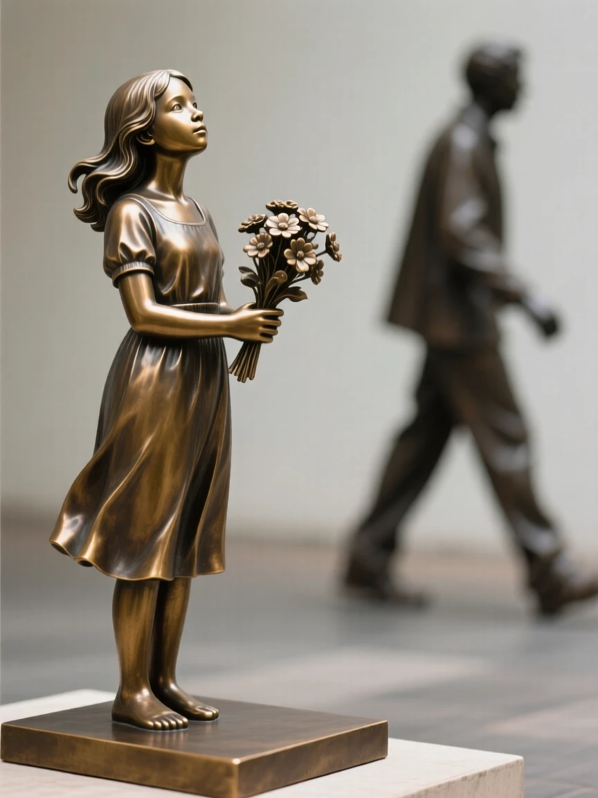 A young girl offering flowers to a passing stranger, with a serene, contemplative gaze, forming a strong central focal point