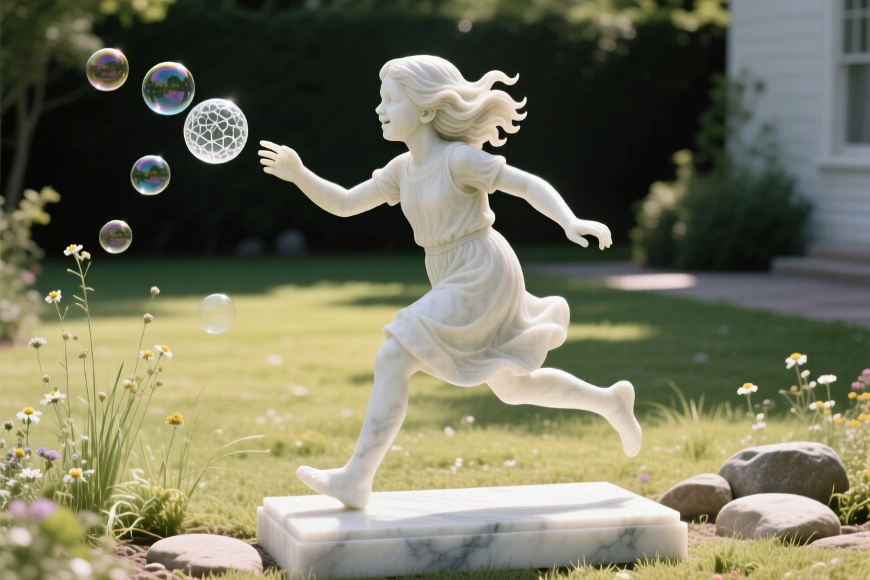 A vivid, emotionally rich scene of a young girl chasing bubbles in a sunlit yard, in a moment of quiet stillness, designed to captivate and inspire