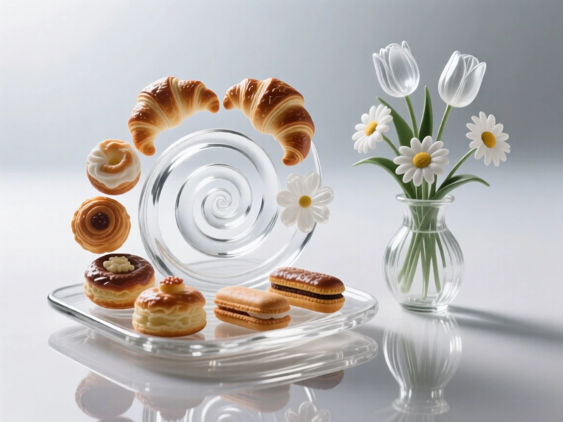 A tray of pastries arranged in a neat spiral beside a small vase of freshly cut flowers