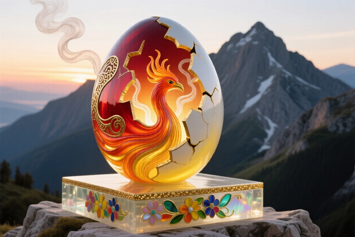 A grand phoenix egg cracking open atop a mountain altar at the crack of dawn, transformative and sacred.