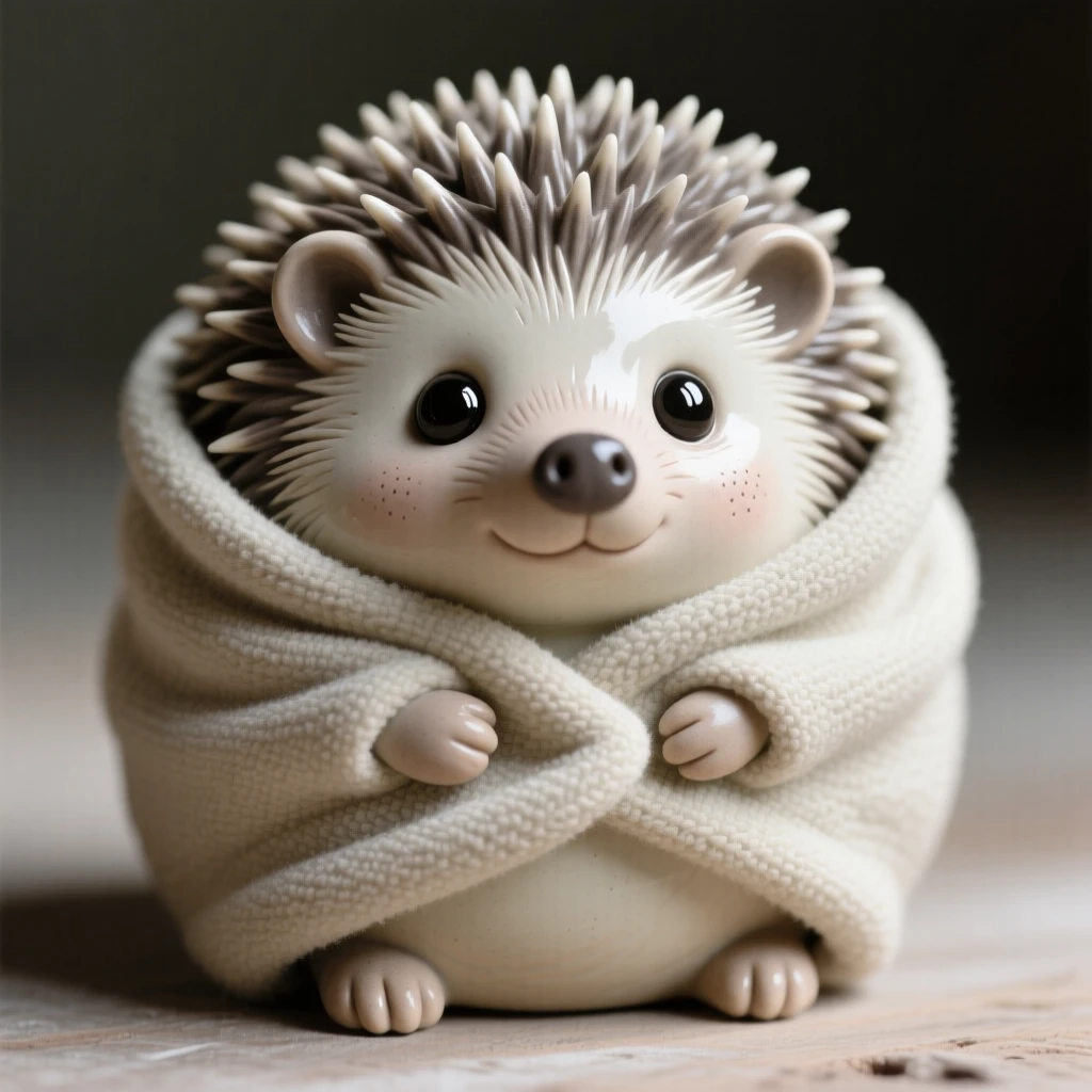 A round baby hedgehog wrapped in a tiny blanket captured in an irresistibly endearing pose, with big round eyes full of innocent wonder, evoking pure, heartwarming sweetness.