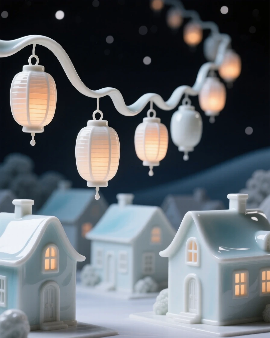 A surreal composition where lanterns hover in a loose procession above a sleeping town, the scene calm despite its impossible logic.