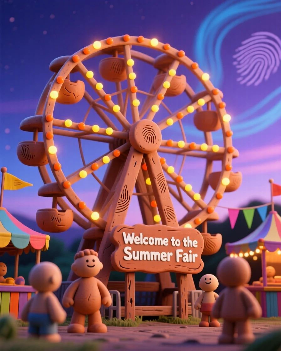 A summer fair with a Ferris wheel glowing against a twilight sky
