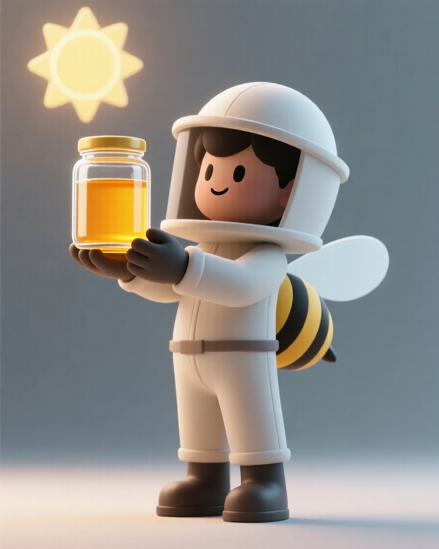 A proud young beekeeper holds up a jar of golden honey, sunlight sparkling through the glass.