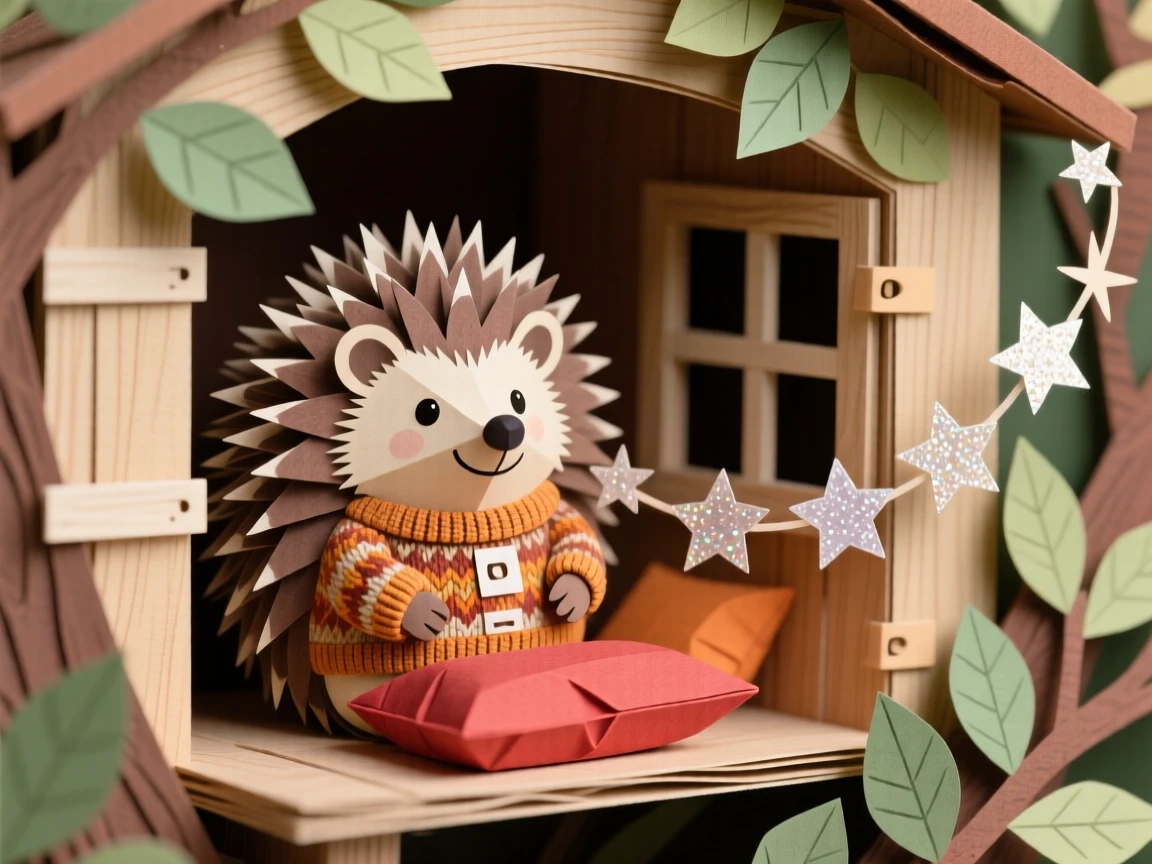 A round fluffy hedgehog in a sweater nestled in a cozy treehouse nook, with tiny sparkles trailing behind it, evoking whimsical charm and gentle humor.