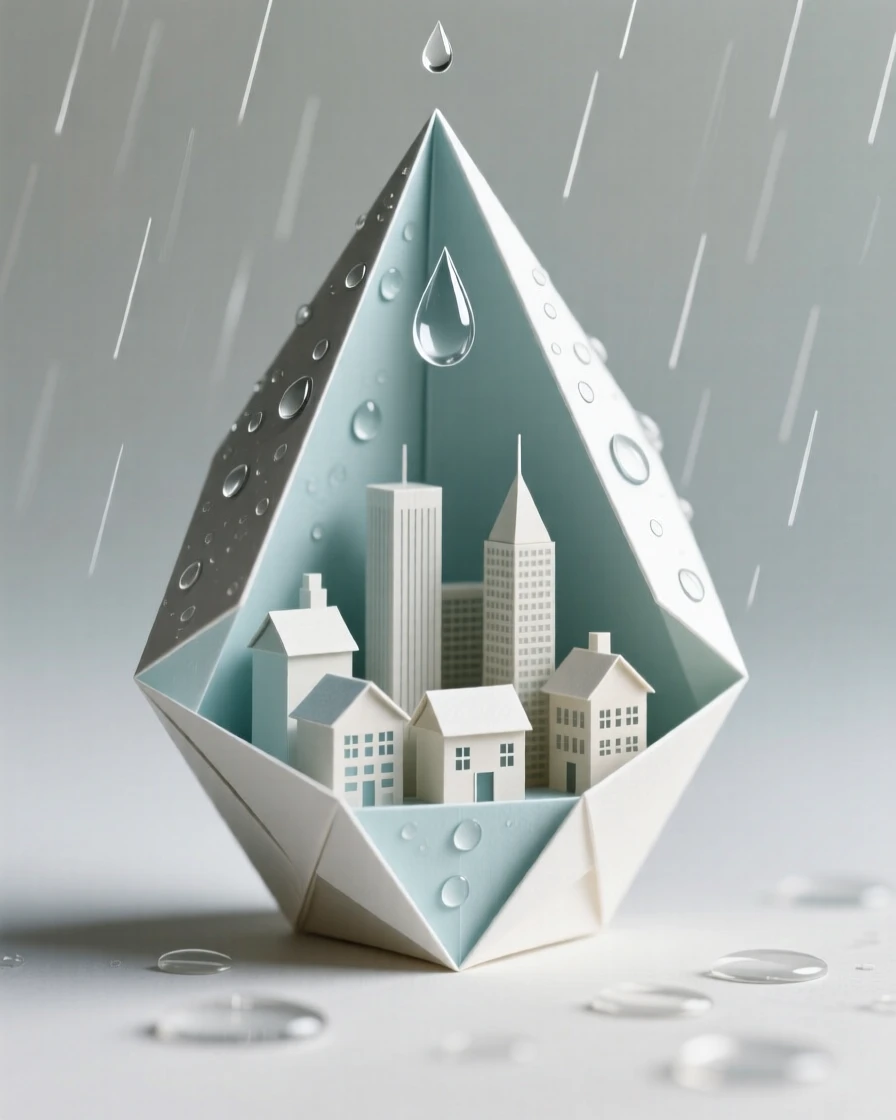 A single raindrop falling in slow motion, reflecting an entire city within it.