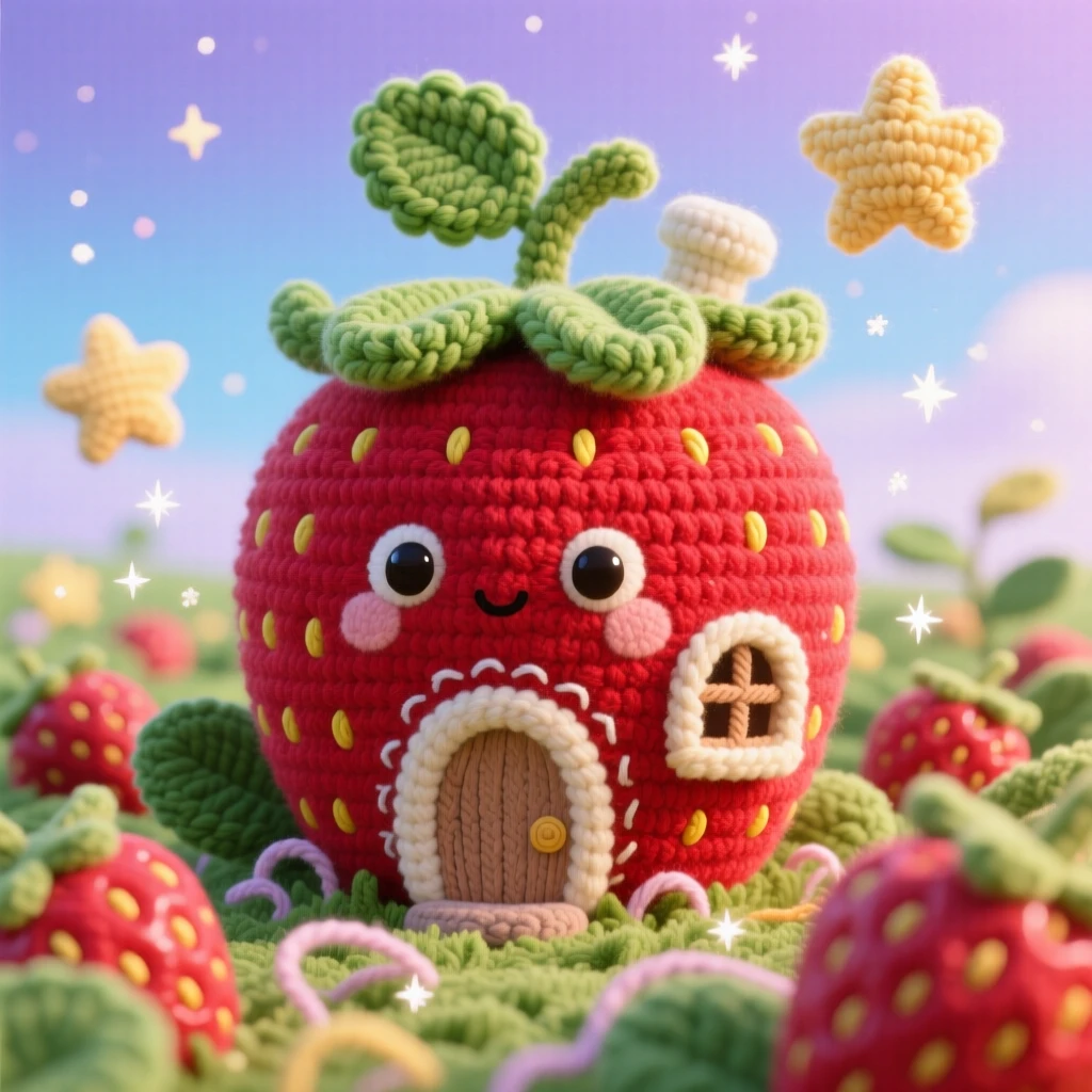 a tiny cottage built inside a giant strawberry, with a small round leafy roof, is shown nestled in a sunlit berry patch, drifting through a sky scattered with stars, surrounded by a scattering of stardust in the air, radiating a dreamlike, storybook charm.