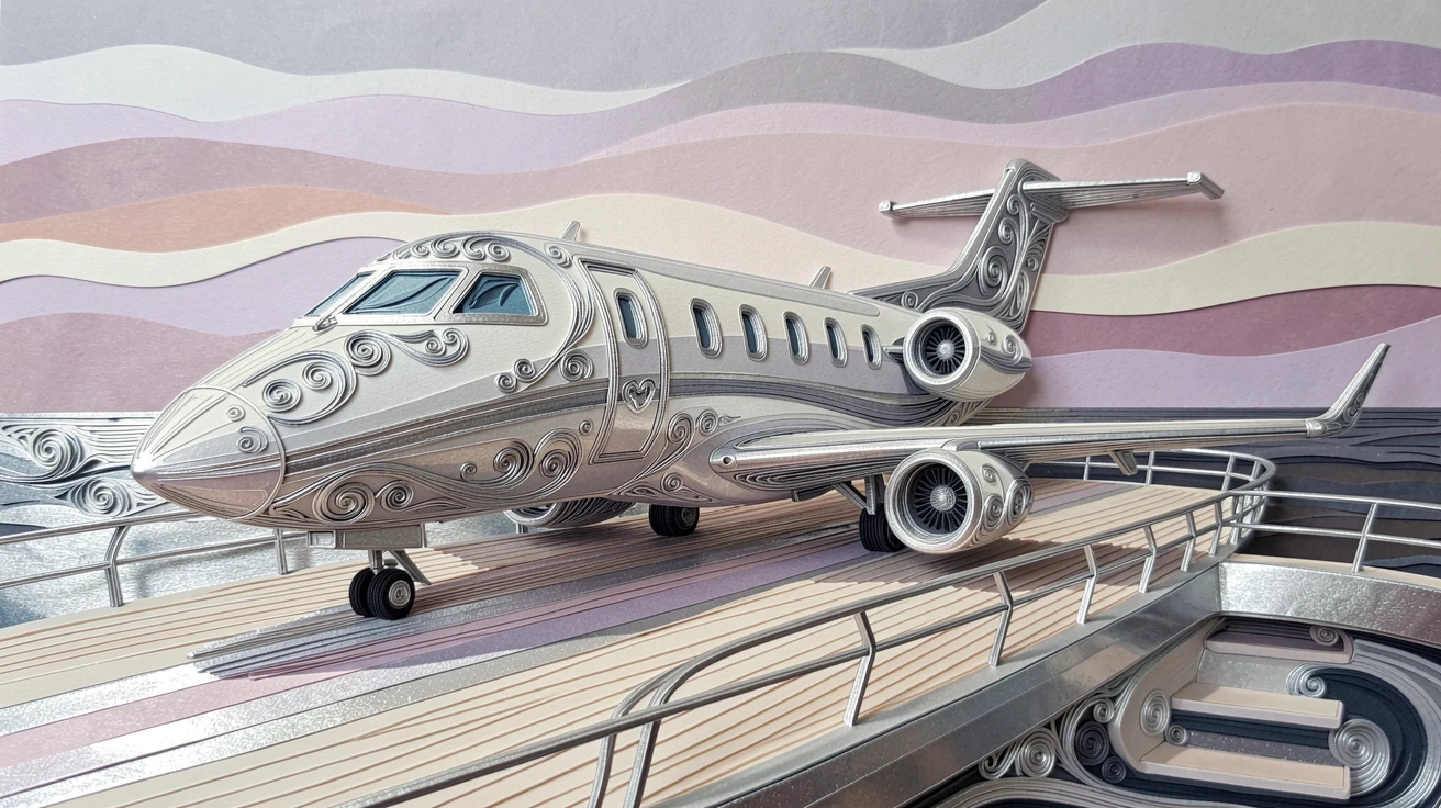 A sophisticated luxury scene of a private jet parked on a sunlit tarmac on the deck of a luxury yacht at sunset, in cool platinum and silver tones, arranged with refined, minimalist negative space.