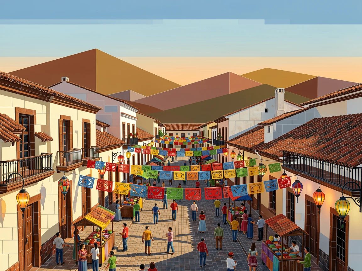 The vibrant streets of a colonial town in mexico decorated for a festival, viewed from a dramatic elevated vantage point.