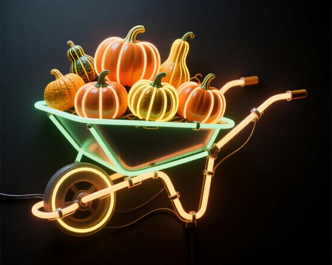A wheelbarrow overflowing with freshly picked pumpkins and gourds.