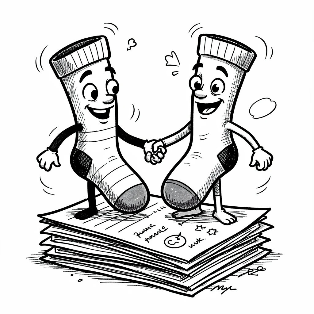 A pair of mismatched socks holding hands on a stack of homework.