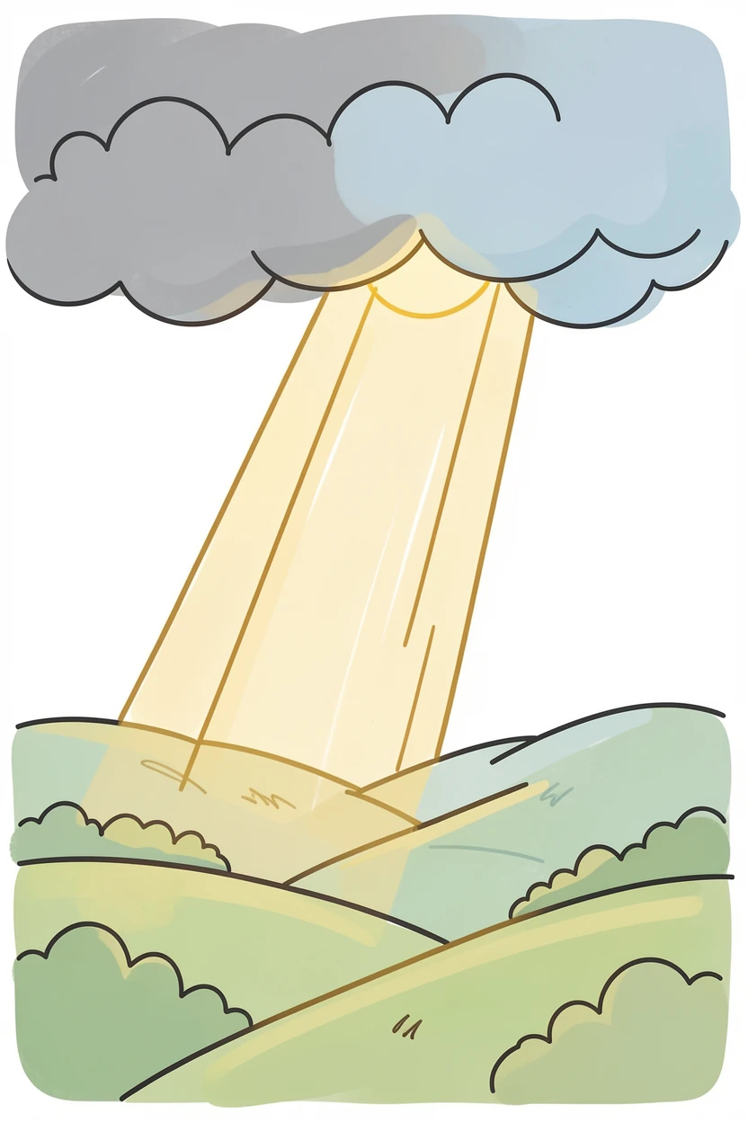 A single sunbeam breaking through storm clouds onto a quiet green valley.