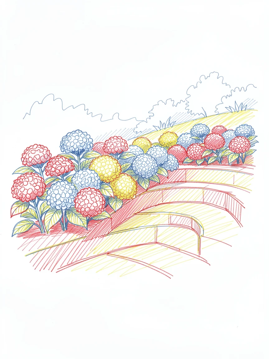 A hillside terrace garden overflowing with blooming hydrangeas