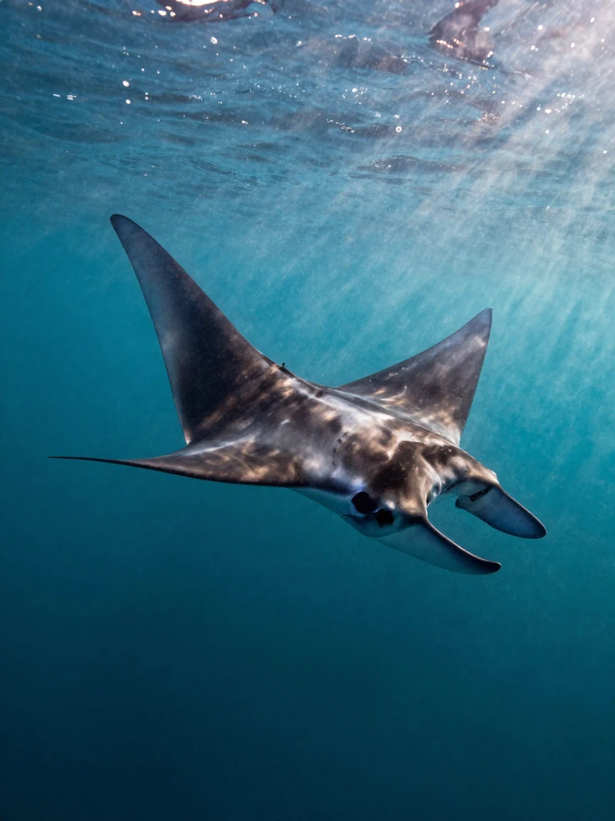 A manta ray gliding gracefully through open water