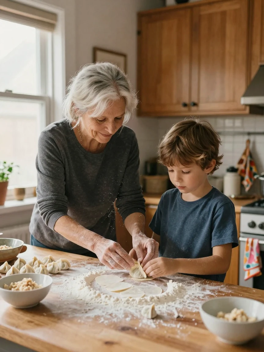 A grandmother teaches her grandson traditional dumpling folding at a floured counter.