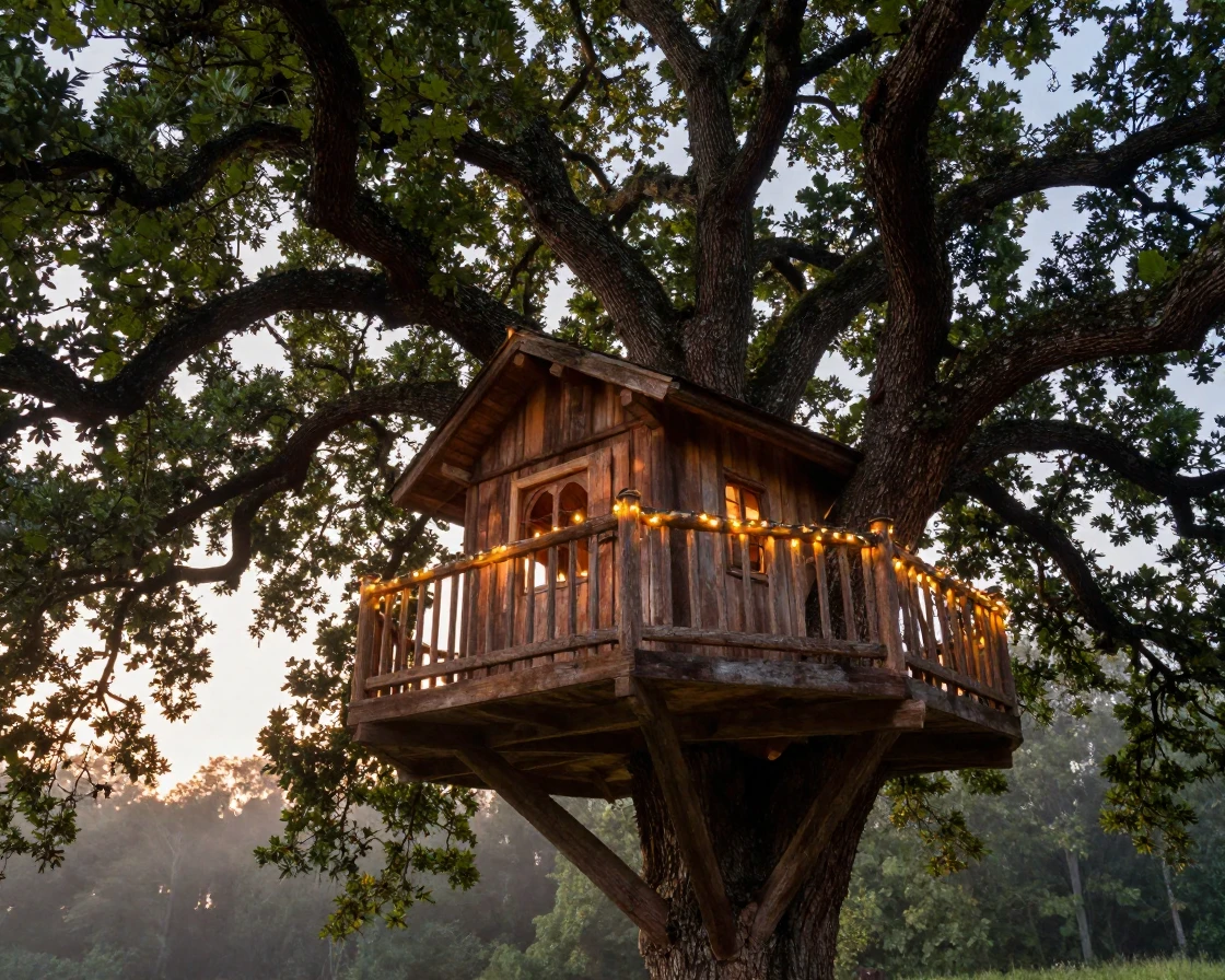 A treehouse built high among ancient oak branches with fairy lights strung along its railings
