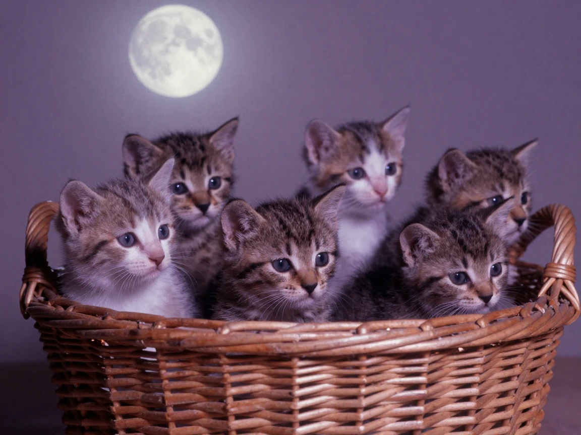 A litter of kittens nestled together in a wicker basket, under moonlight, in still, windless air, in late autumn, in dusty lavender and rose tones, from a three-quarter angle.