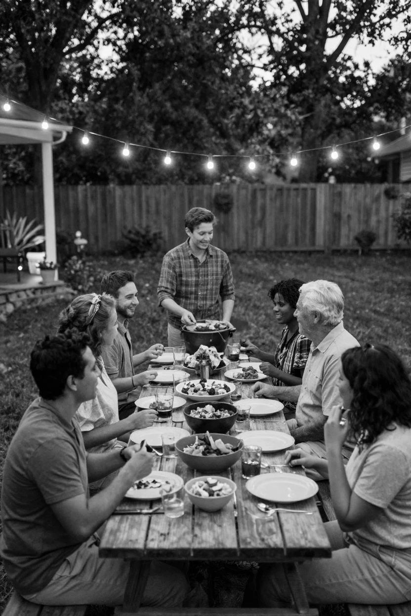 A group of neighbors shares a potluck dinner outdoors beneath string lights in a backyard.
